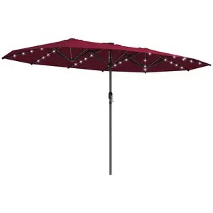 Outsunny 14.8ft Double Patio Umbrella, Large Outdoor Sun Shade Canopy with LED Solar Light for Garden, Wine Red