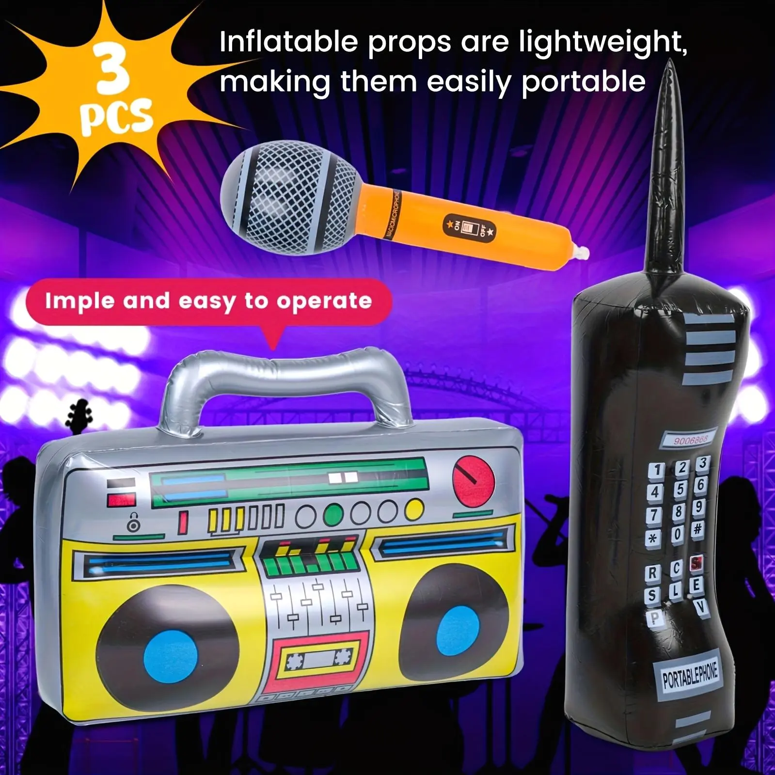 3pcs Inflatable Props for Party, Inflatable Mobile Phone Boombox Blow Up Microphone for 80S for party Decorations Hip Hop Theme Birthday for party Supplies, Back to School, Graduation for party Supplies