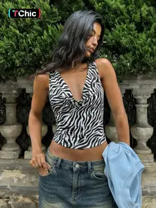 Women Summer Sleeveless Backless V Neck Zebra Striped Beach Vacation Tank Top Camis