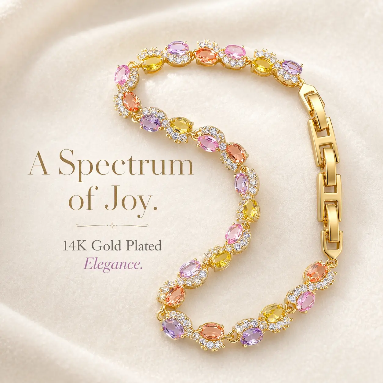 14K Gold Plated Rainbow Tennis Bracelet for Women, Sparkling Colorful Cubic Zirconia Infinity Link Bracelet, Dainty Pastel Aesthetic Jewelry Gift for Her
