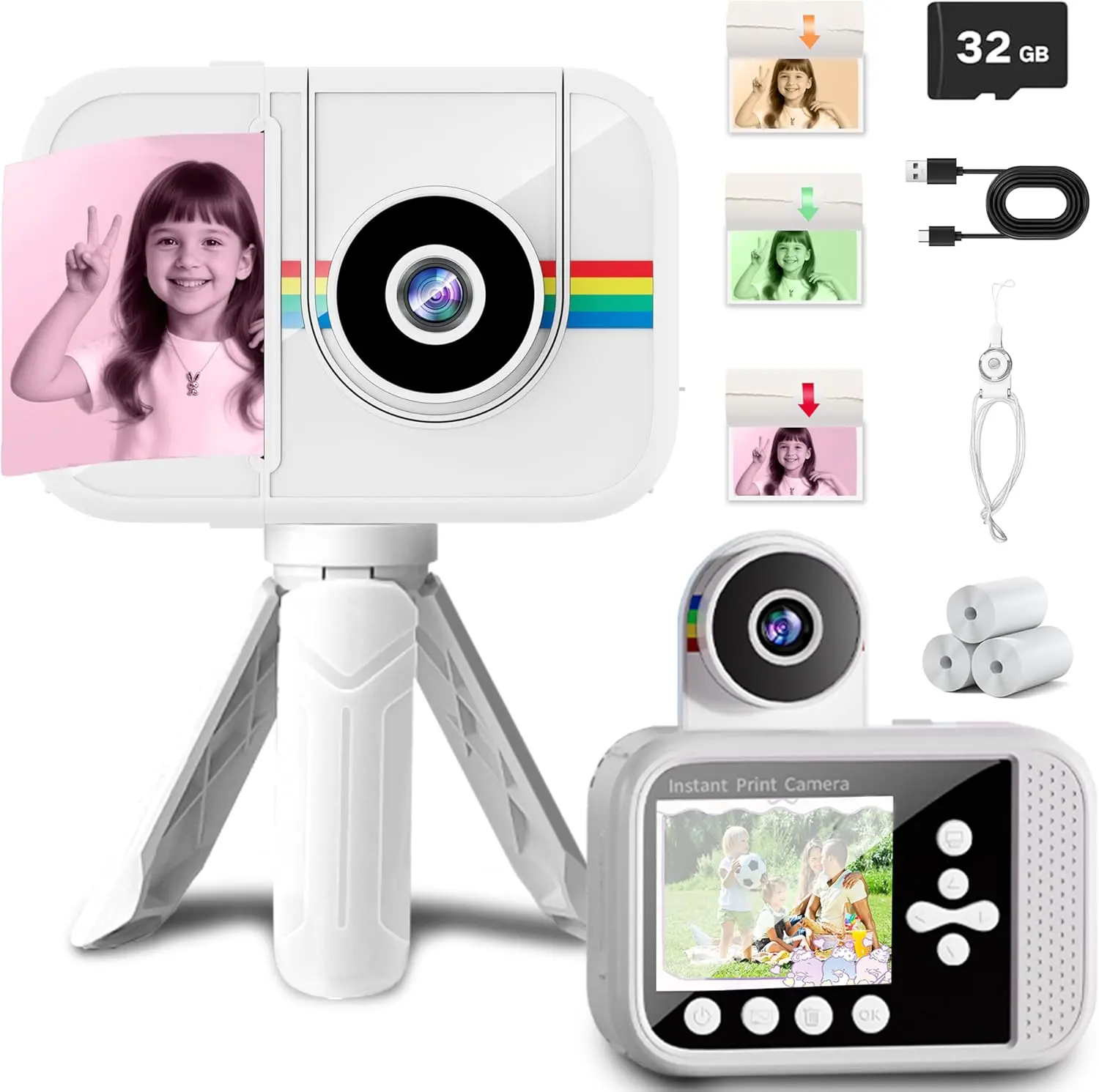 Camera Instant Print, Digital Camera with 3 Color Print Paper,32GB & Mini Tripod,48MP & 1080P Video Christmas Birthday Gifts for Girls and Boys  3-12 (White)