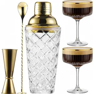 Shaker Set with Coupe Glasses - 5-  Set Includes Pineapple Glass Shaker with  Lid, Jigger, Bar Spoon & 2 Ribbed -Rimmed Glasses - Bartender Kit for  Bar
