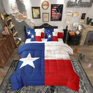 Western Texas Star Comforter Set,7 Piece Bed in a Bag | Vintage American Flag Bedding Set,Cowboys Gifts White Red and Blue Comforter and Sheet Set,Grunge United States Flag Farmhouse Bed Sets
