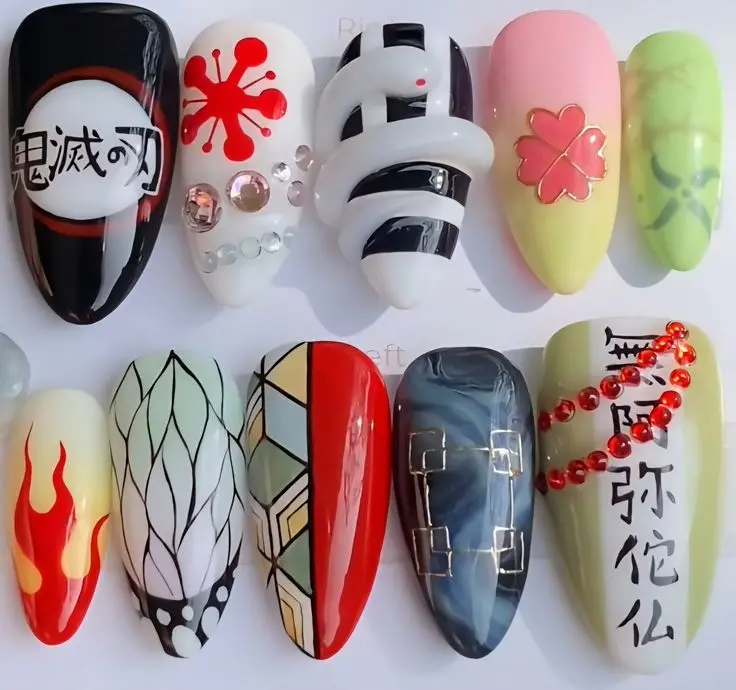 Demon Slayer Hashira Inspired Press-On Nails | Handmade Artistic Nail Box | Iconic Anime Symbols | 3D Crystal Accents | Unique Cosplay Nail Art | Stylish Tribute to Kimetsu no Yaiba with Free Adhesive Tabs Nail File Cuticle Stick