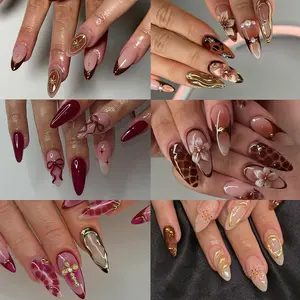 144 Almond Shape Medium Nail Tips Set, Glossy Finish, Butterfly & Cross Designs, Pearl Elements, Leopard Print, Star Pattern, for Women & Girls