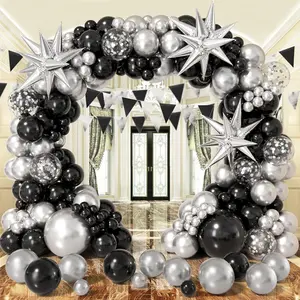 158PCS Black and Silver Balloon Arch Kit with Star Balloons, Metallic Party Garland Decoration Set