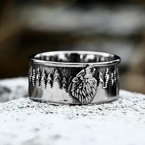 GTHIC Unisex Howling Lone Wolf Stainless Steel Ring Forest Pattern For Daily Wear Birthday Gift
