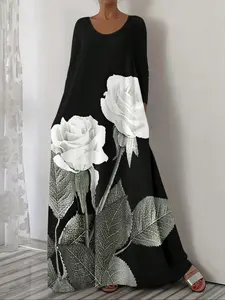 Elegant Rose Print Dress for Women, Casual Home Wear Long Gown, Fall Winter Fashion Plus Size Clothing