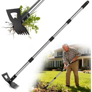 Weed Puller Tool with Long Handle, Stand Up Weeder with 63" Telescoping Handle, 2-in-1 Manual Weeder Remover & Garden Hoe, 6  Tines for Crack Weeding and Root Removal