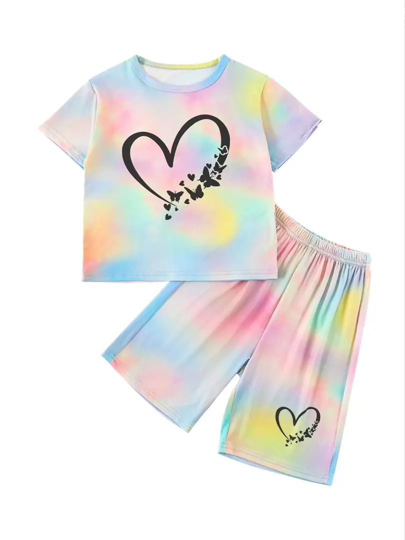 Girls 2-Piece Tie Dye Summer Set | Heart & Butterfly Graphic Tee + Matching Shorts | Trendy Kids Outfits Age 3-12 Years #SummerVibes Co Ord Set Casual Tees Set