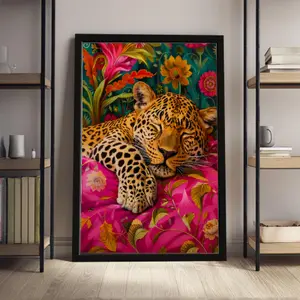 Sleeping Leopard Wall Art Posters and Prints, Maximalist Waterproof Wood-Framed Oil Painting, Bold Pink Dopamine Canvas Artwork, Kitsch Wild Animal Flower Print, Artistic Vibrant Pop Home Decoration for Bedroom Living Room