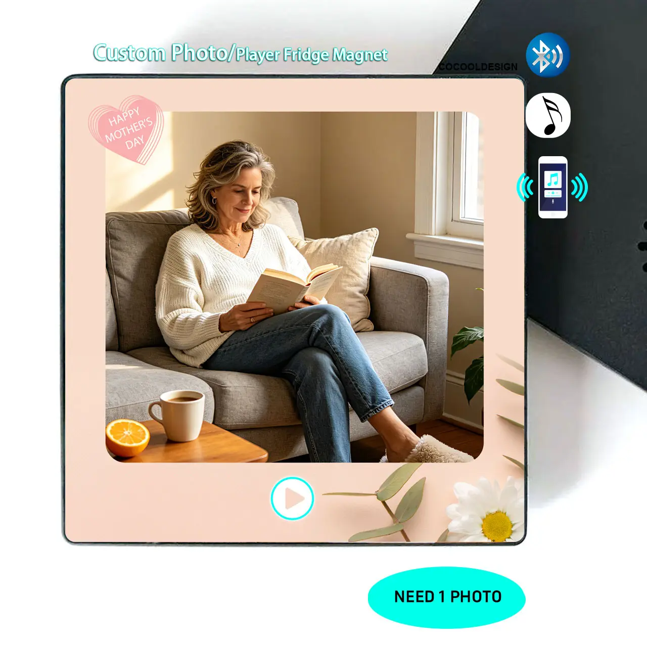 Customizable Personalized Photo Bluetooth Music Fridge Magnet with Acrylic Album-Style Frame Player - Add Your Image & Song, Home Decor for Fridge, Gift for Mother’s Day, Valentine’s Day, Thanksgiving, Anniversary