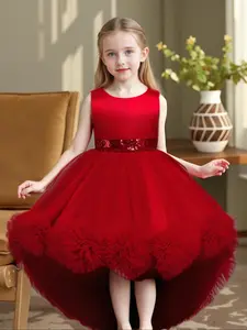 Girl's Contrast Sequin Big Bow Decor Fit & Flare Dress, Princess Seraphina Dress, Elegant Round Neck Sleeveless High Low Hem Dress for Party Performance, Kids Clothes for All Seasons