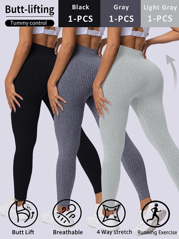 Fashion Candy Colors Women High-Waisted Butt-Lifting Tummy-Control Leggings, Soft Comfortable Breathable Elastic Ribbed Texture Sport Pants, Gym Workout Yoga Fitness Leggings, Suitable For Casual and Versatile Styles, Everyday Wear Must-Have For Wardrobe