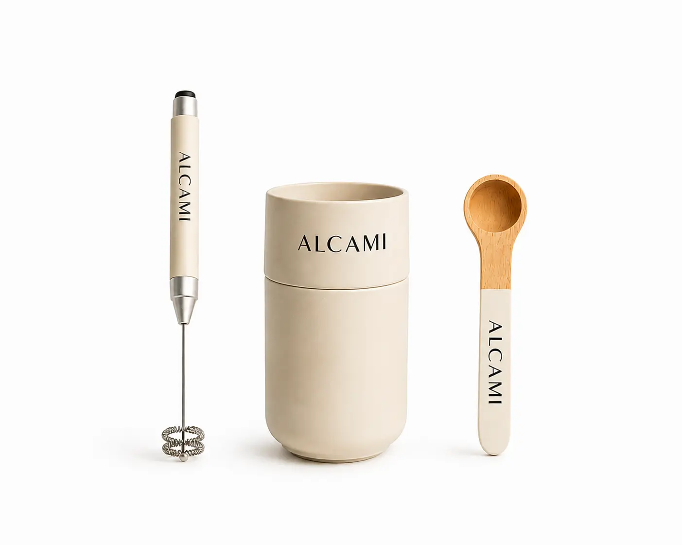 ALCAMI Hand-held Cream Frother with Ceramic Tumbler and Beechwood Clip Spoon Set