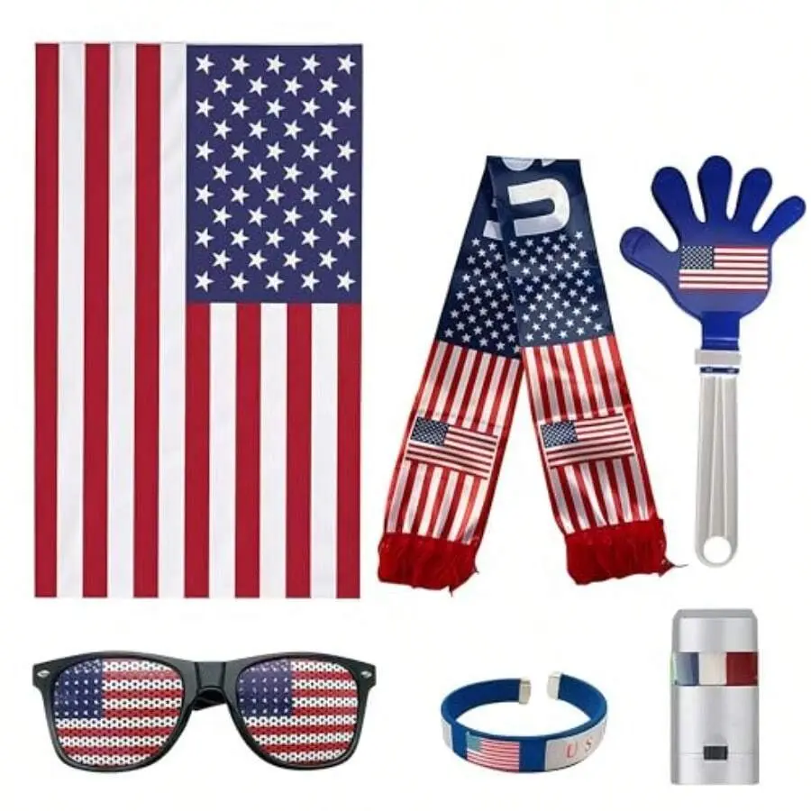 6PCS Retro Weather-Resistant Polyester Sports Fan Party Decorations Kit - Portable Stripe Accessories Set with Flag Scarf, Long Scarf, Plastic Soccer Flags, Glasses, Face Paint, Wristbands, Clappers for Sports Enthusiasts, Hand, Scarves
