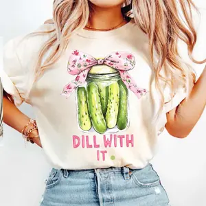 Popular Dill With It Pickle TShirt, Cute Pickle Lovers Tee, Coquette Pickle Jars Shirt, Cute Women Gift TShirt