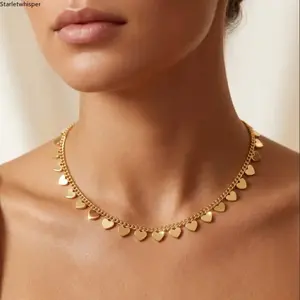Gold Tone Stainless Steel Choker Necklace for Women, Geometric Square & Heart Pendant Design, Minimalist Stylish Jewelry, Lightweight & Durable for Daily & Casual Outfit Matching