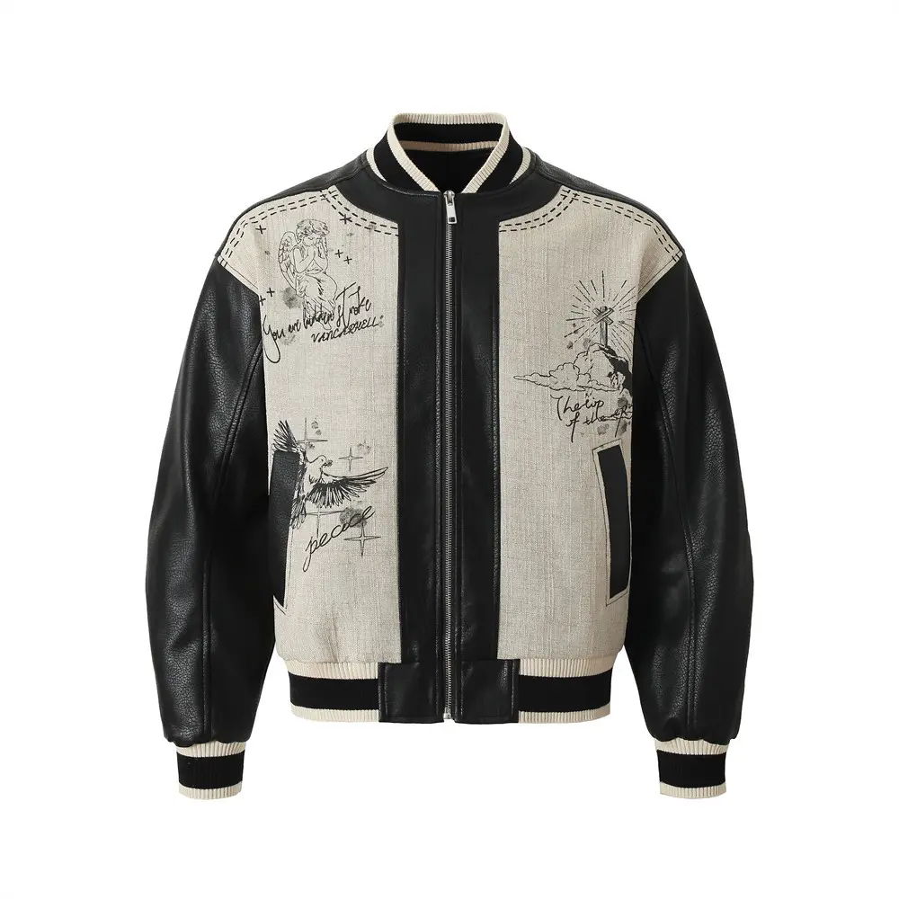 inflation Men's Long Sleeve Color-Block PU Leather Jacket, Vintage Casual Fashion Streetwear Baseball Coat with Angel Wing Print, Loose Boxy Crop Fit, Unisex Menswear