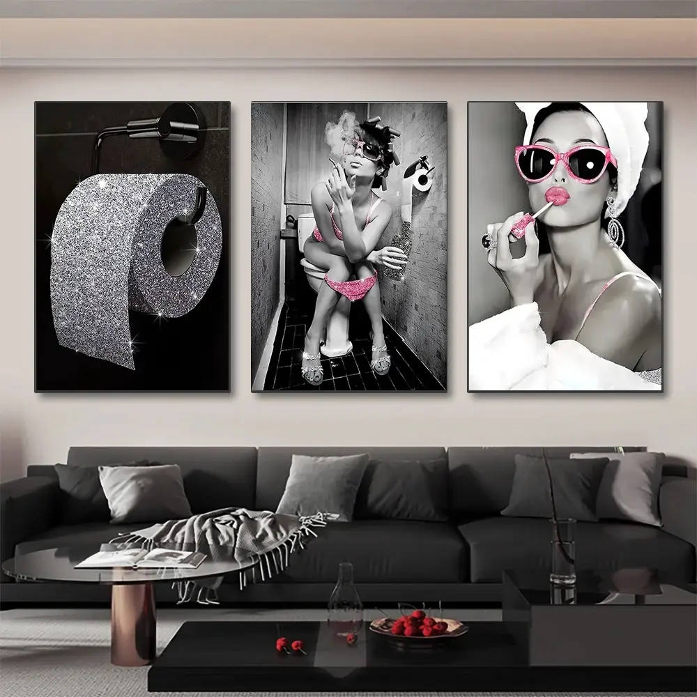 3pcs/set Framed Sexy Woman Fashion WC Toilet Wall Art Modern Art Design Poster Vibrant Print Canvas Painting Pink Glitter Bling Roll Paper Bathroom Prints Modern Home Decoration Pictures Decorative Decoration Items