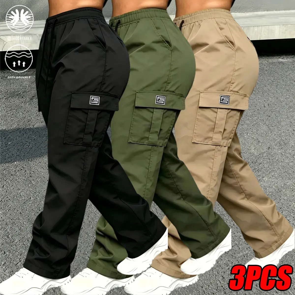 3-Pack Women’s Wide-Leg Cargo Pants, drawstring closure, elastic waistband, logo plaque, flap cargo pockets, reinforced side slip pockets, abrasion-resistant, wrinkle-free, durable polyester, breathable, lightweight casual pants for trail hiking, city com