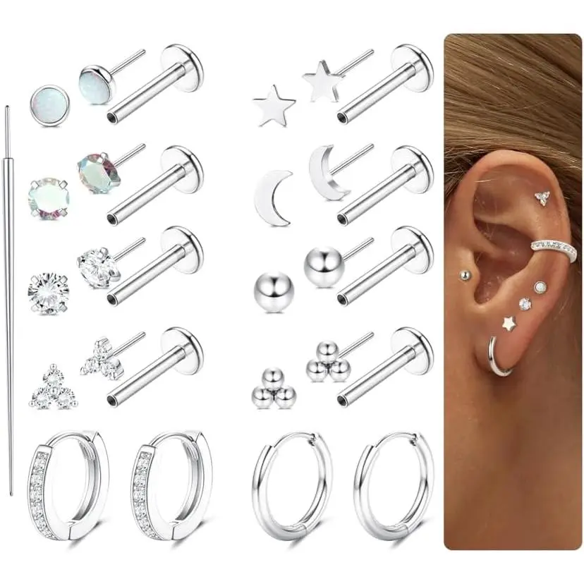 21 count Threadless Earrings Flat  Earrings 316L  Steel Push in Stud Earrings Labret Studs Lip Rings CZ Opal Star ball Hoop Nose Rings - Cartilage Helix Conch Nostril Tragus Piercing Jewelry  for Women Men 20G 18G 16G