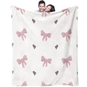 Pink and white bow tie blanket, INS romantic and dreamy bedroom decoration gift suitable for adults, soft and comfortable blanket, a single-sided printed blanket, Flannel Cozy Blanket