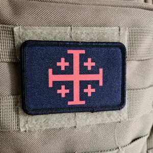 red Jerusalem cross red on black 2"x3" removable morale patch with hook and loop for hat