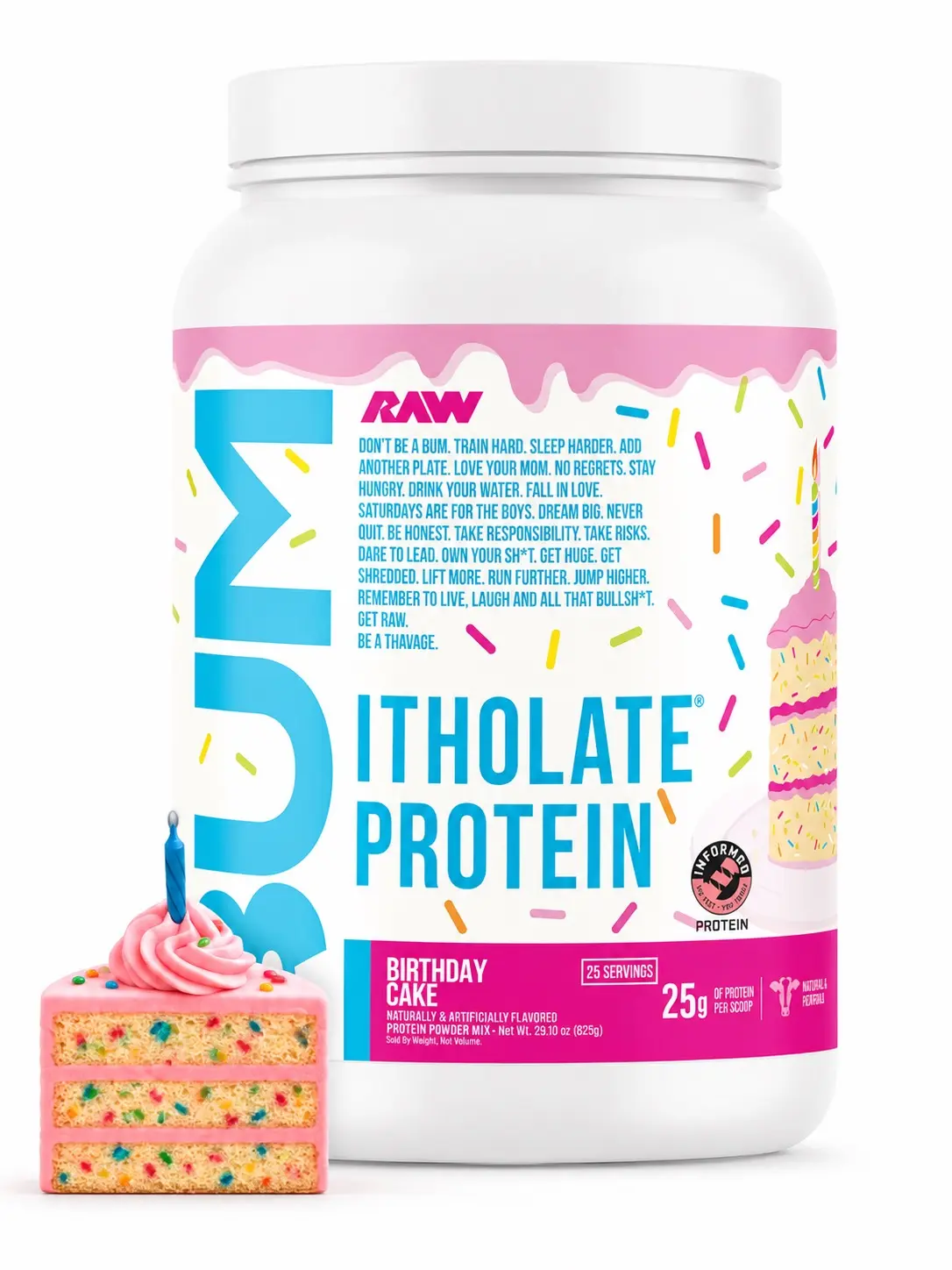 RAW BUM Isolate Protein Powder, Birthday Cake Flavor, Fitness Dietary Supplement - boosts metab., 25g Per Serving, 25 Servings, 825g, single tub