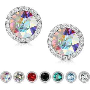 FINREZIO 1 Pair Colorful Dazzling Stud Earrings for Women Men Hypoallergenic Alloy Earrings with Swarovski Crystal Vintage Round Halo 925 Sterling Silver Post Studs Dainty Colorful Crystal Earrings for Daily Wear Party Gift Giving
