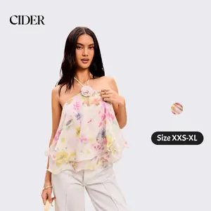 Cider Chiffon Floral Halter Neckline Applique layered Ruffle Hem Top SummerWins Dealsforyou