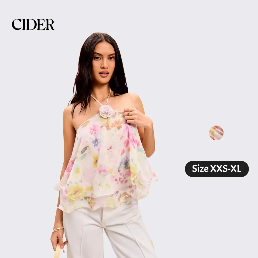 Cider Chiffon Floral Halter Neckline Applique layered Ruffle Hem Top SummerWins SummerFinds