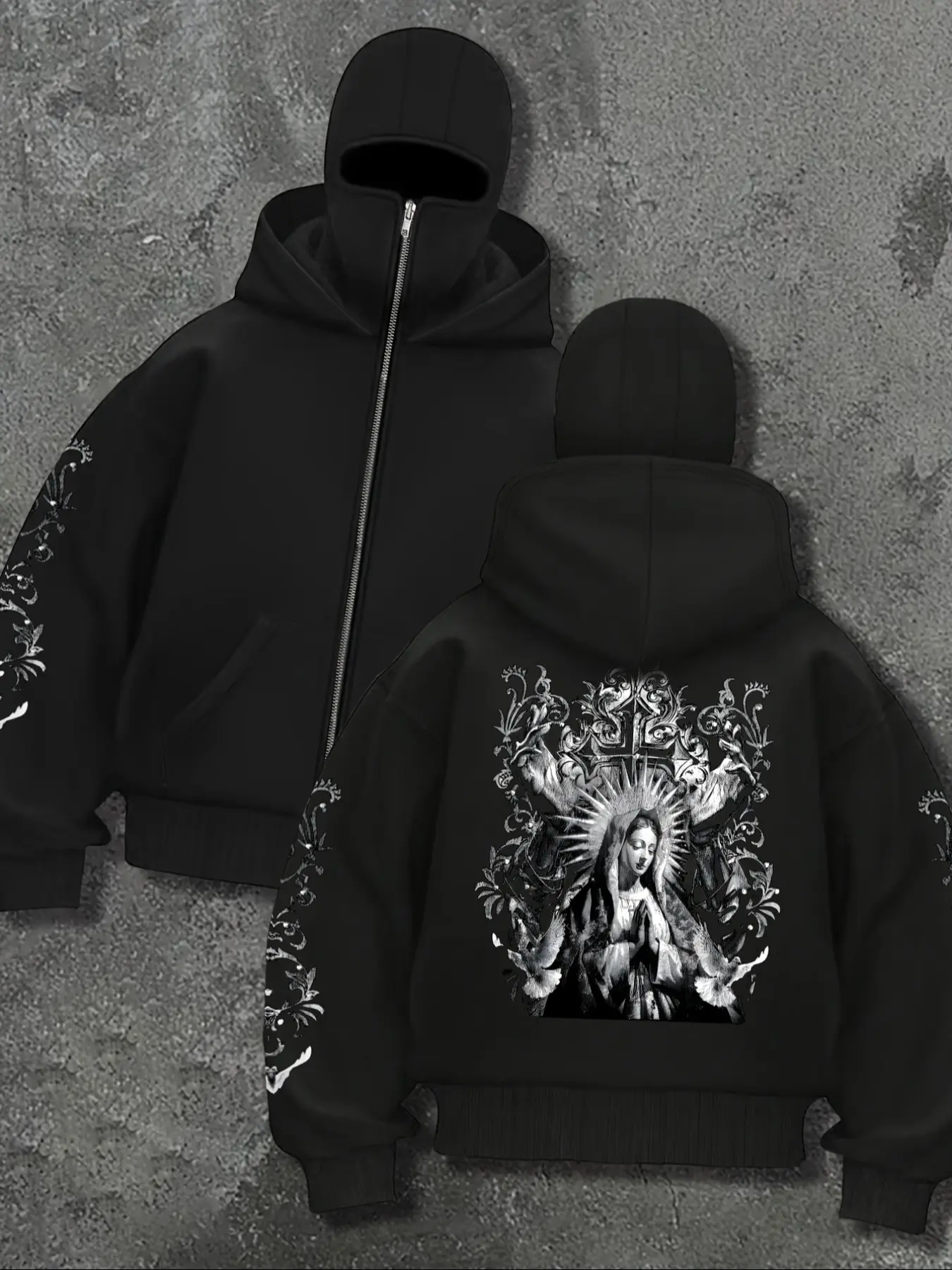 Gothic Religious Balaclava Hoodie - Men's Black Oversized Long Sleeve Zip-Up Sweatshirt with Virgin Mary Graphic Print Aesthetic