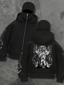 Gothic Religious Balaclava Hoodie - Men's Black Oversized Zip-Up Sweatshirt with Virgin Mary Graphic Print