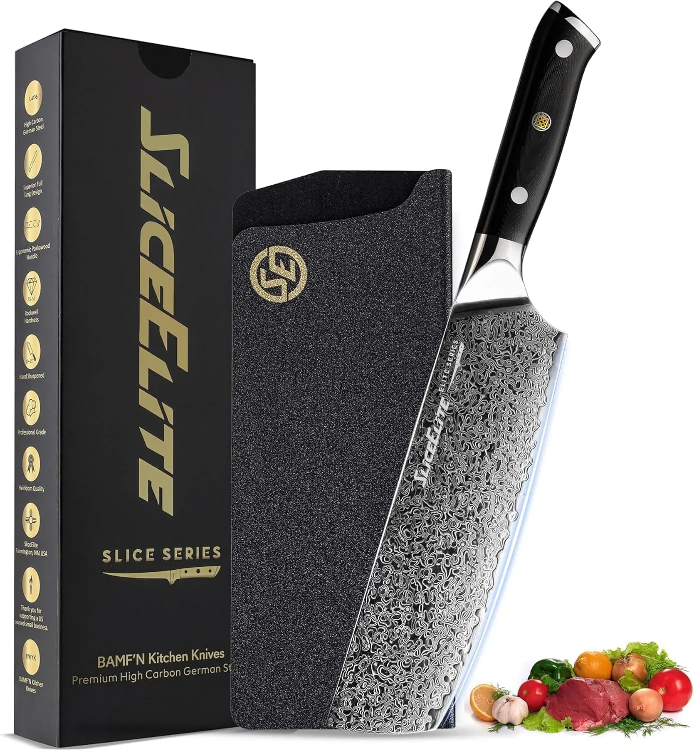 SliceElite Elite Series 7-inch Nakiri Knife VG10 Damascus Steel with Forged G10 Handle and Polymer Guard for Japanese Chef Vegetable Cleaver Sharp Kitchen Knife Butcher's Tool
