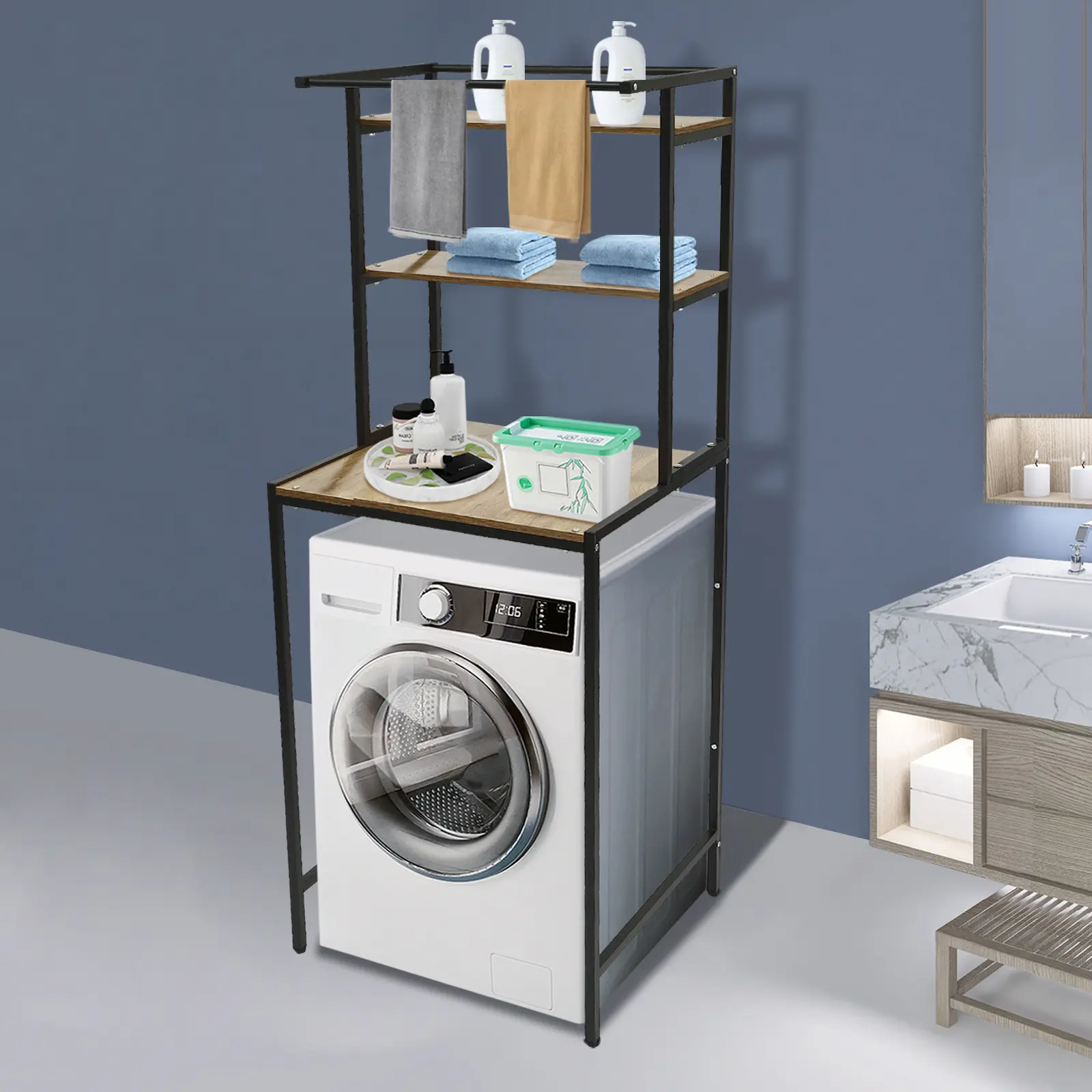 Floor-Mounted Washer and Dryer Storage Shelf, MDF-Iron Home Organizer Rack for Laundry Detergent & Beauty Products, Heavy-Load-Bearing Space-Saving Home Supply, Bath Storage Solutions