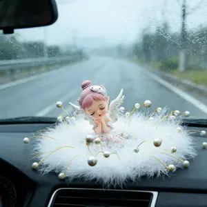 Dreamy Angel Girl Car Ornament, Luxurious Elegant Style, Non-Slip Feather Pearl Base, High-End Interior Decoration for Girls