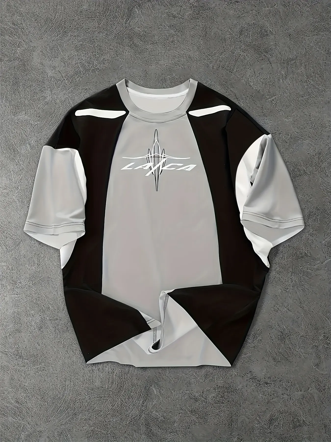 Men's short-sleeved T-shirt, futuristic Lanca logo aesthetic oversized top, color-blocked print cyberpunk functional style, a must-have for streetwear street style, regular fit, Fashion, casual and versatile piece