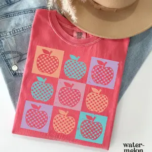 Comfort Colors Summer School Teacher Shirt, Retro Checkered Summer, Teacher Apple Shirt, Retro Teacher Shirt, Back To School, Teacher Gifts	 shirts  women Fit Oversized