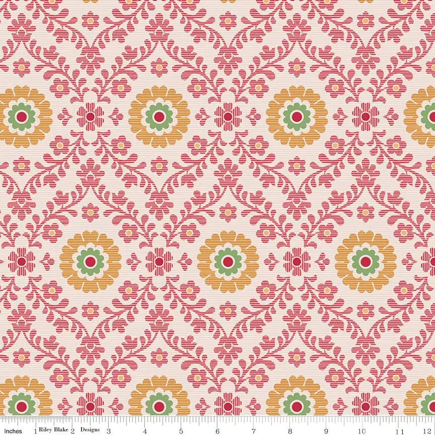 Piece & Plenty 107/108" Wide Back Wallcovering - Marigold Damask | Lori Holt