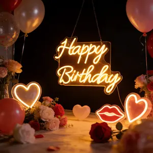 Happy Birthday LED Neon Night Light Birthday Party Decoration Pink USB Powered Decoration Background Party Bedroom Wall Decoration