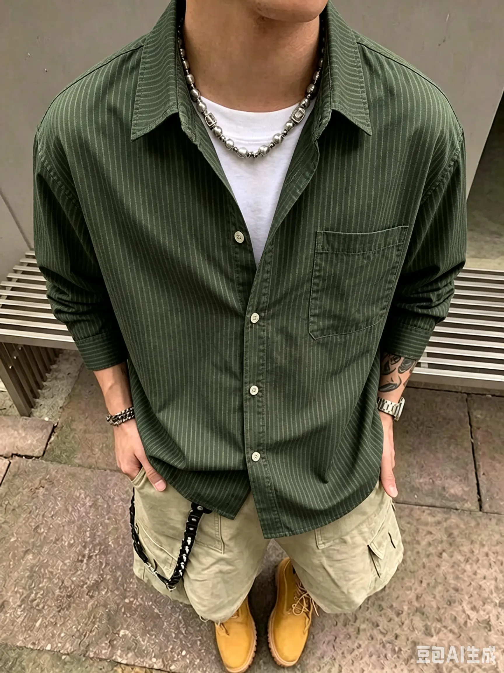 100% cotton men’s long-sleeve button-down shirt with vertical stripes, loose fit, casual collared shirt with pockets; vintage olive green lightweight cotton blouse for everyday work and streetwear
