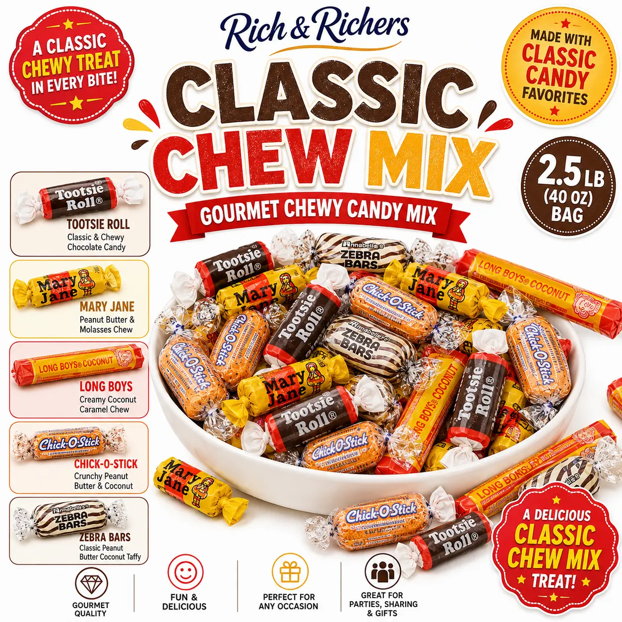 Nostalgic Retro Candy Mix 2.5lb Bulk Bag - Snack, Sweet Old-Fashioned Variety Pack with Mary Jane, Chick-O-Stick, Long Boys Coconut Candy, Zebra Bars, 8oz Tootsie Rolls Midgees, Peanut Butter & Chocolate Caramel Treats