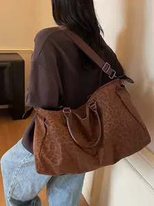 2026 Leopard Print Retro Large Capacity Handbag, PU Tote Satchel, Fashion Commuter Work Bag, Multifunctional Travel Shoulder Crossbody Bag, All Seasons