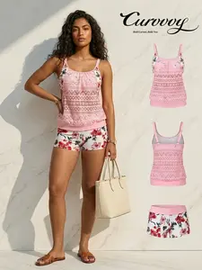 Curvvy Swim 2026 Women’s Floral Print Bikini Set for Women, Cute Cami Top with Shorts Casual Summer Relaxed Fit Tummy Friendly Swimwear for Beach Vacation