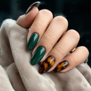 Fall Green Tortoise Shell Press On Nails Almond Glossy Luxury Handmade Reusable