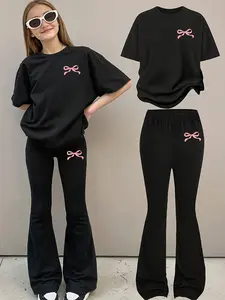 Girls Short Sleeve T-Shirt & Bell Bottom Pants Set, Bowknot Pattern, Comfortable Skin-Friendly, Casual Daily Wear, Multiple Sizes Available, Outfit