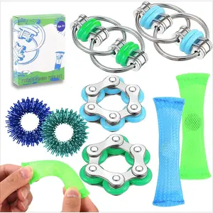 X-SRT06 8 Pcs Hand Fidget Toys for Adults Roller Bike Chain Figette Spinners Flippy Chain Mesh Marble and Spiky Sensory Rings Desk Silent Figits Toys for Teens Anxiety and Stress Relief Easter Toys