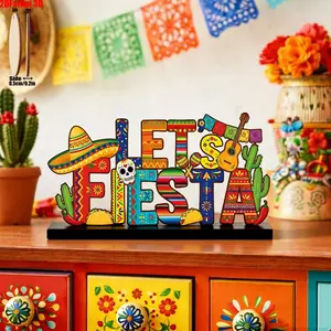 2D Wooden Mexican Cinco De Mayo Table Centerpiece, Festive Layered Tray Decor, Wood Base for Shelves, Fireplace, Home Office, Party Gift