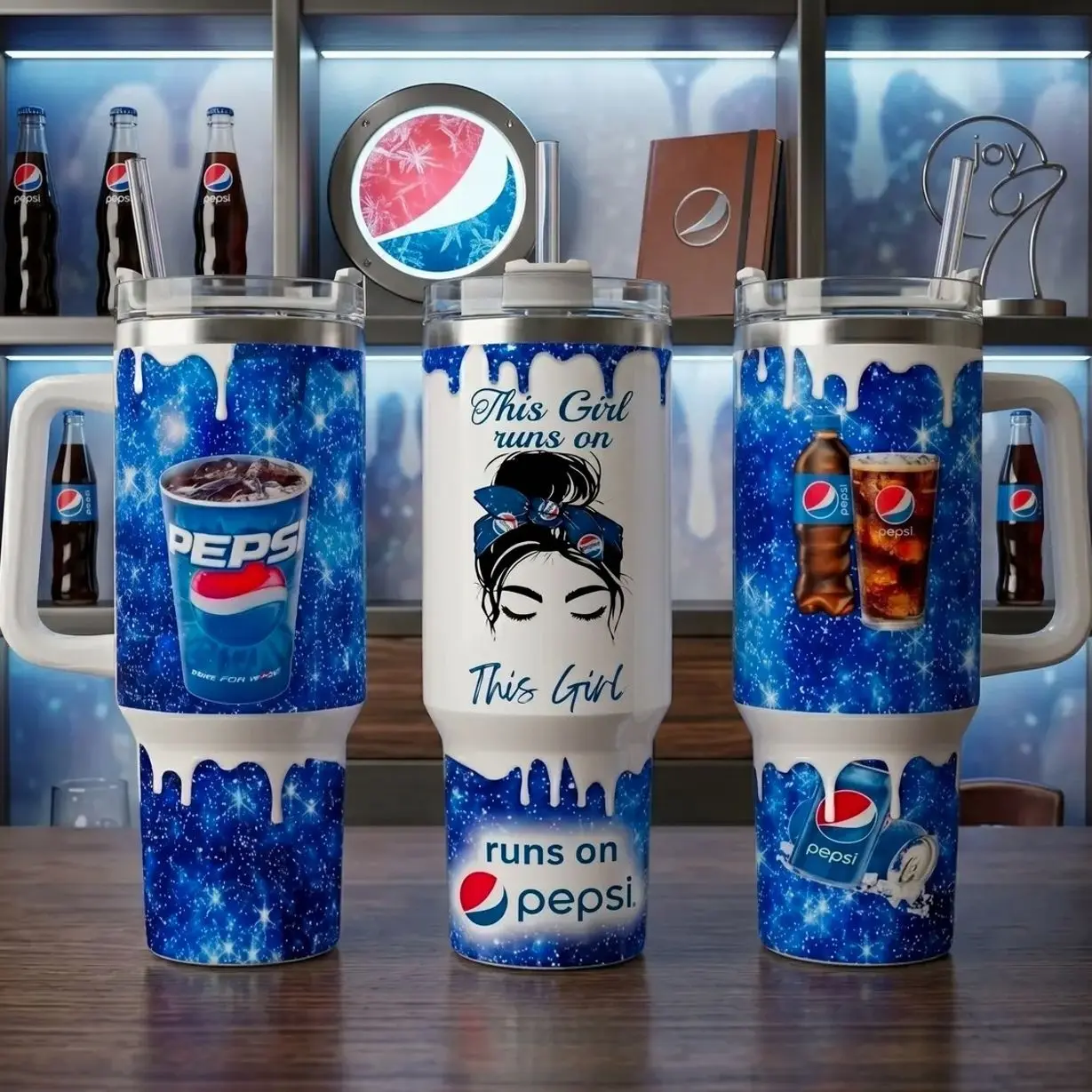 Pepsi 40oz Insulated Tumbler With Handle & Straw, This Girl Runs On Pepsi Glitter Tumbler, Blue Galaxy Sparkle Stainless Steel Travel Mug, Cute Soda Lover Cup, Pepsi Fan Gift, Trendy Beverage Drinkware For Women